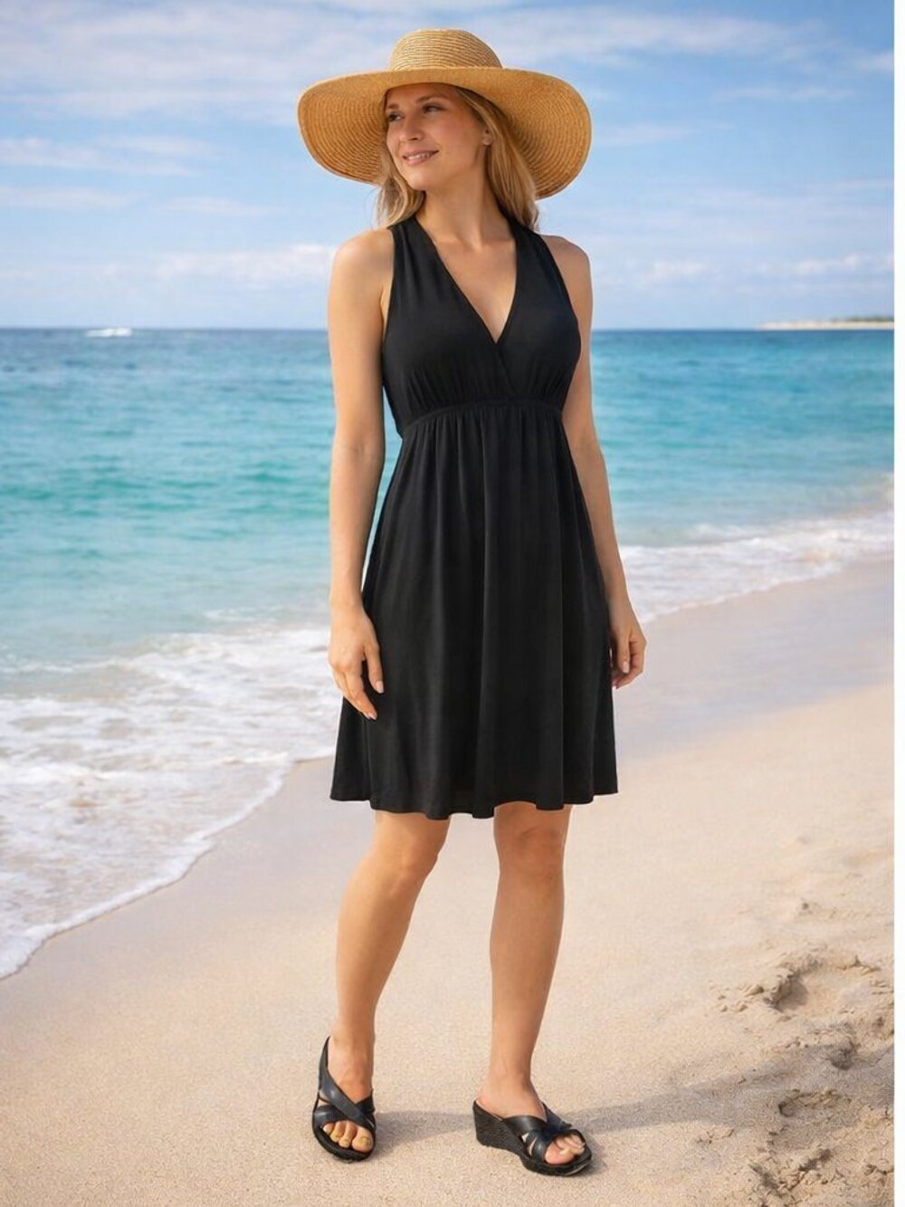 Black V-Neck Sleeveless gathered back halter dress